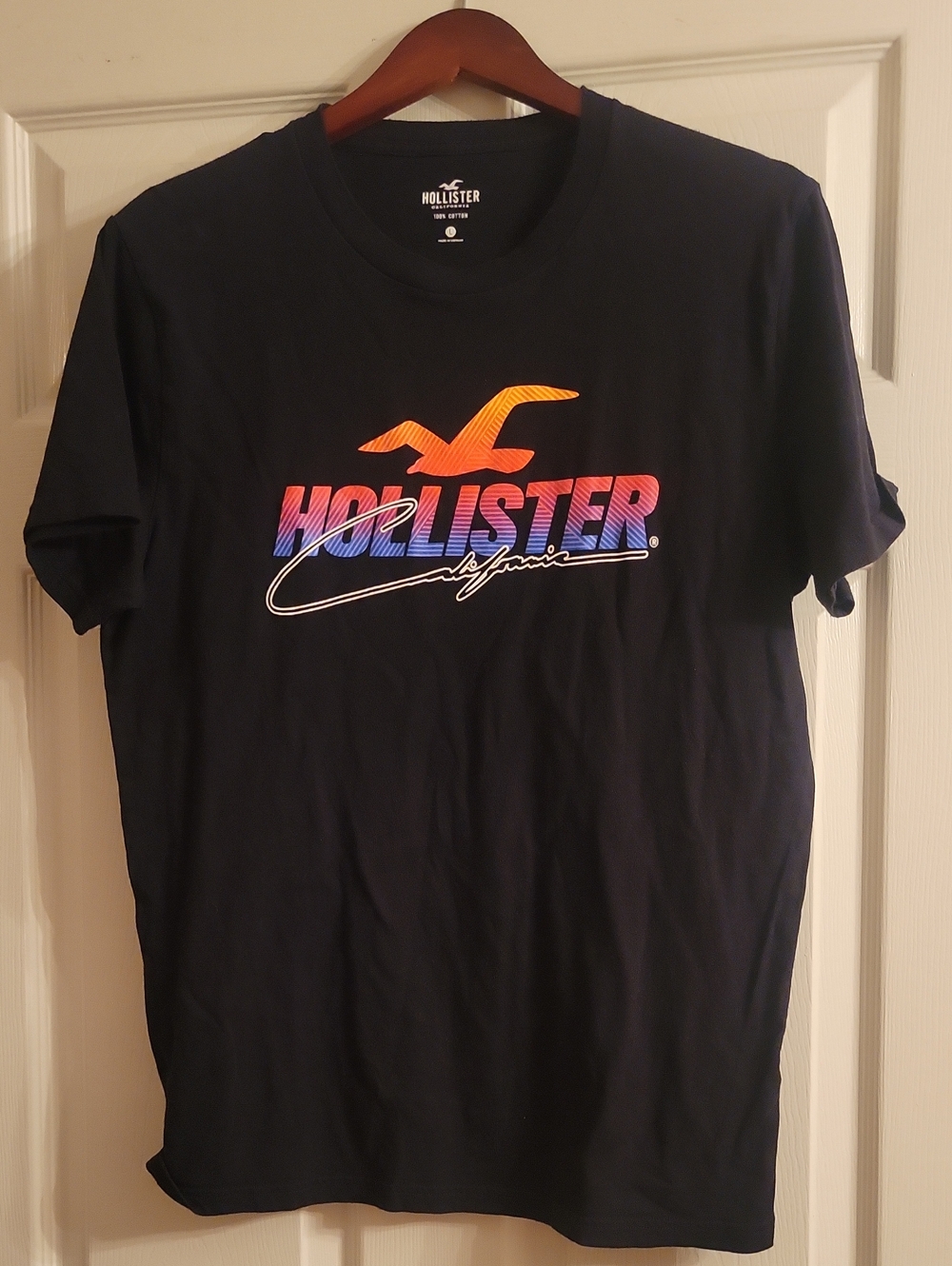 Hollister Black Short Sleeve Tee with Gradient Logo (Orange, Pink, , Blue)